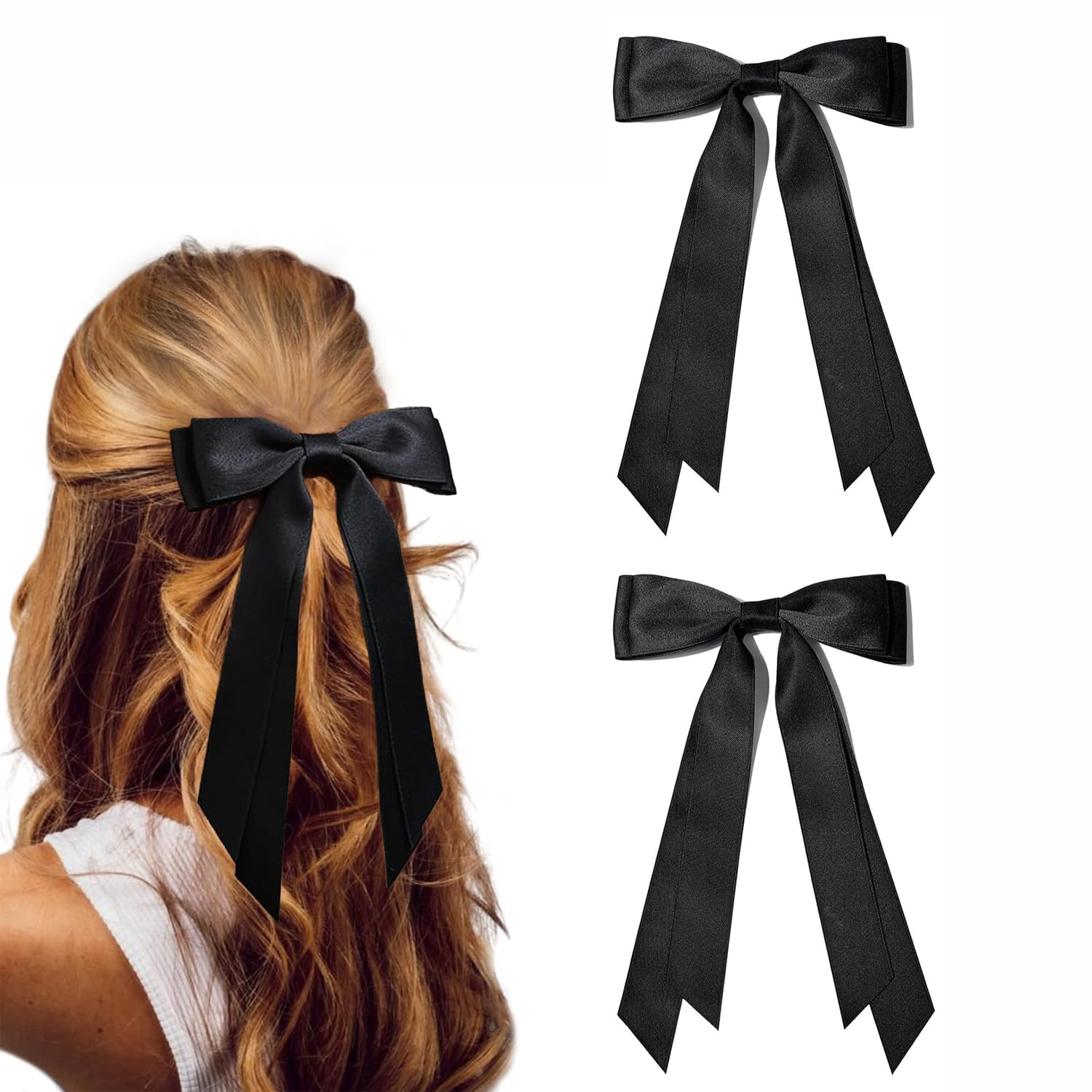 2 Pack Hair Bow - Large Bowknot Hair Clip for Women, Satin Silky Ribbons with Long Tail, French Barrette Hair Accessory for Girls Ponytail Holder(black＋black)