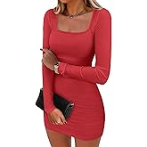 ANRABESS Womens Long Sleeve Bodycon Mini Dress 2026 Fall Ruched Square Neck Slim Fit Rib Knit Club Short Cocktail Dresses