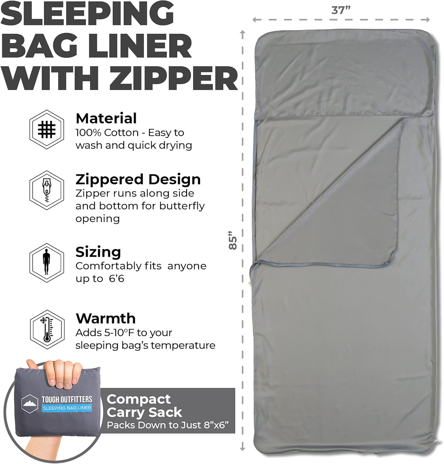 Sleeping Bag Liner - Camping & Travel Sheets for Adult - Sleeping Sack & Sheets for Backpacking, Hotel, Hostels & Traveling - Lightweight Single Sleep Sack - Comfortable Sleep Liners - Gray w/Zipper : Sports & Outdoors