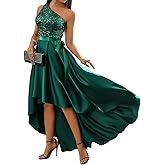 Green One Shoulder Cocktail Prom Sequin Dresses Satin Formal Wedding Guest Dresses High Low Hem Sleeveless Homecoming Dress