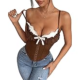 GIYKBX Women Ruffled Lace Trim Bow Sexy V Neck Corset Tops Adjustable Straps Bustier Bodyshaper Crop Top