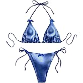 BEAUDRM Women's 2 Piece Gingham Bikini Set Cute Triangle Thong Bikini Halter String Bathing Suit High Cut Cheeky Swimsuit