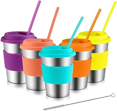 Kereda Edelstahl Becher Mit Deckel 350ml Kinder Trinkbecher Mit Strohhalm Stapelbare Metall Becher Fur Camping Party Haushalt Reisen Bar 5 Pack Amazon De Kuche Haushalt