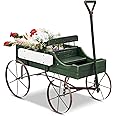 Dragosum Wooden Wagon Wheel Decor, Small Decorated Cart Garden Planter with Divider and Handle, Porch Decorations Indoor/Outdoor Planting Pots, Flower Box Wishing Wells Backyard Balcony Patio Green