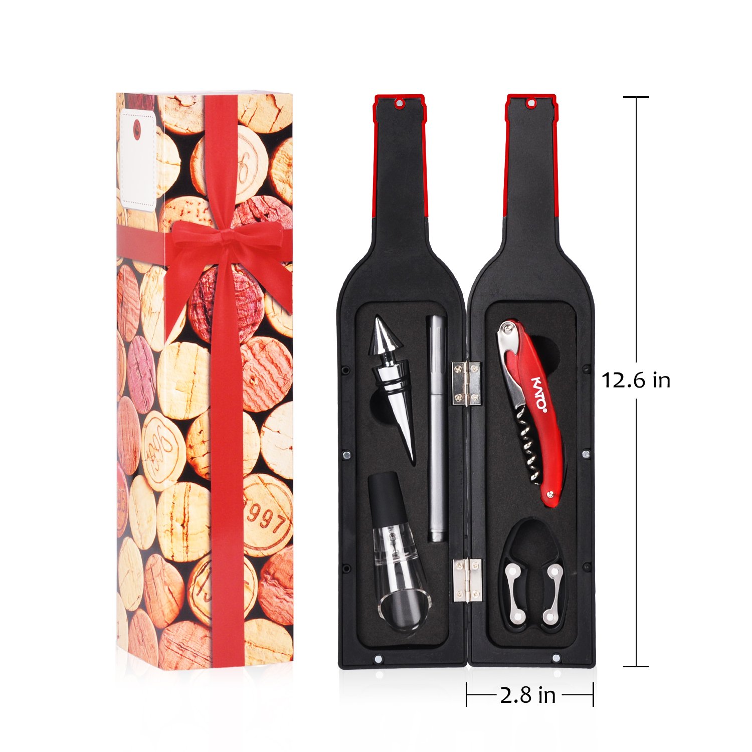 Wine Opener Set , 5 Pcs Deluxe Wine Accessory Set- Includes Corkscrew, Stopper, Aerator Pourer, Foil Cutter, Silver Glass Paint Marker w/ Fun Static Cling Reusable Drink Markers Stickers in Gift Box, Red