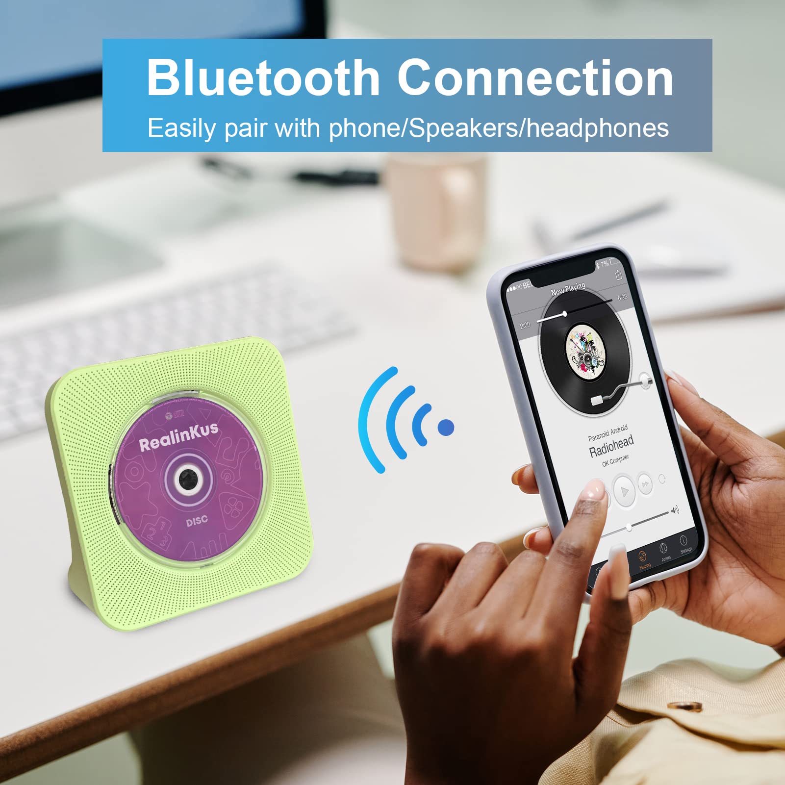 Realinkus Green CD Player for Home, Desktop CD Player with Speakers, FM Radio, Remote Control, Bluetooth, USB and AUX Port, Vertical Stand and Portable, Wired