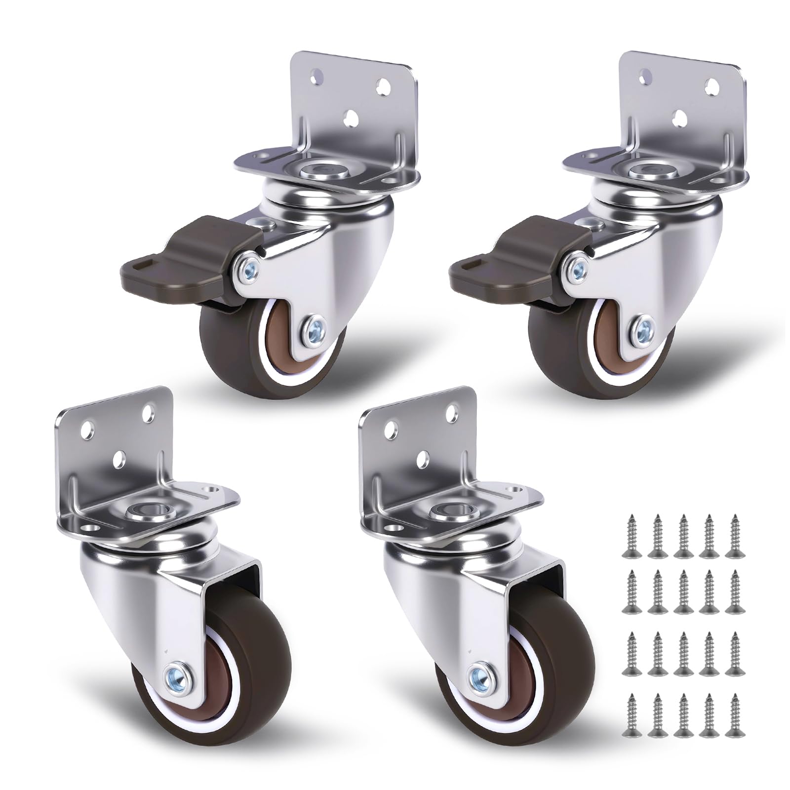 Photo 1 of 1.25 Inch Small Swivel Caster Wheels Set of 4 (with 2 Brakes), L-Bracket Side Mount Casters, Mini Low Profile Rubber Rolling Wheels for Furniture, Underbed Drawer, DIY Project, Capacity Lbs: 140 Lbs