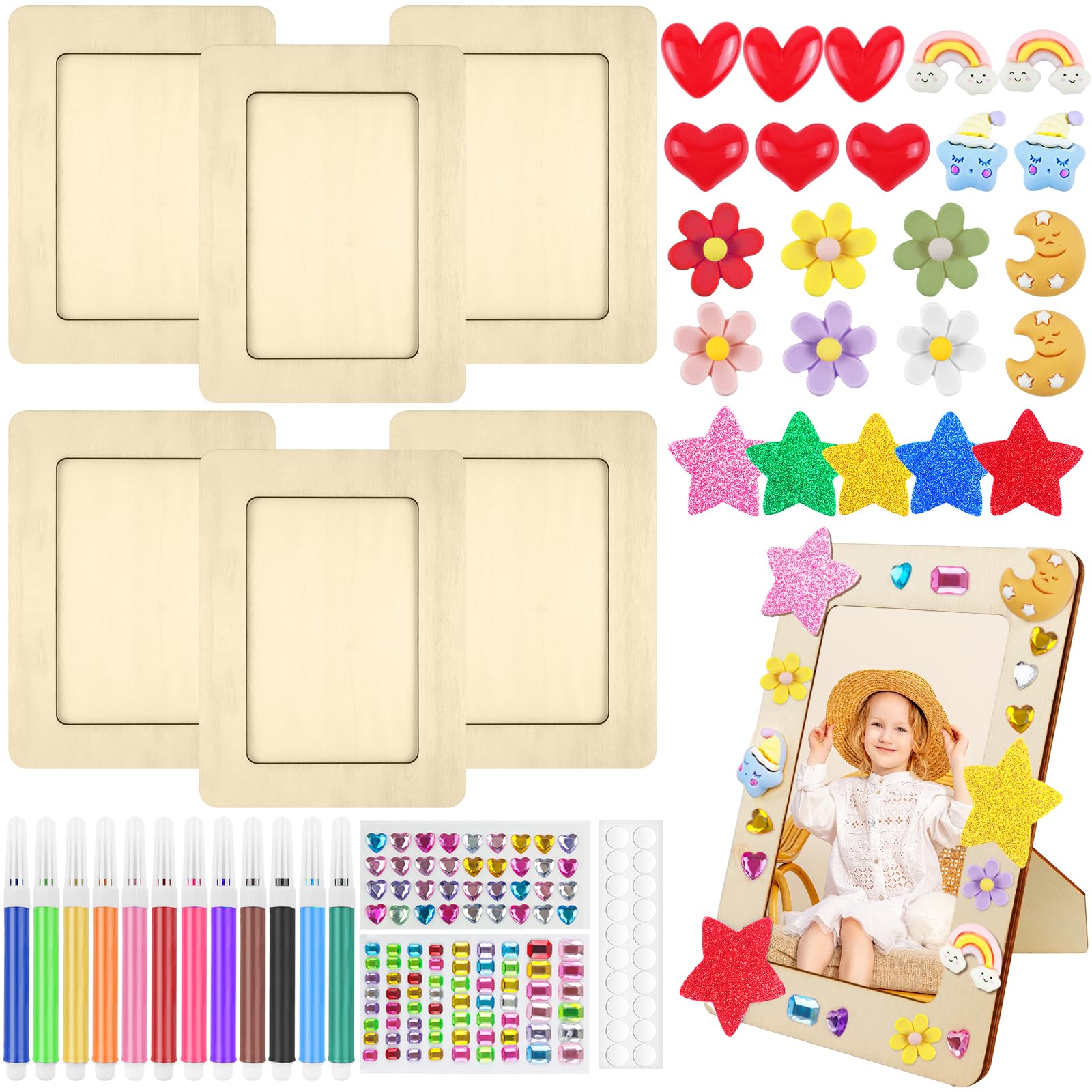 HavaCue 6 Pcs Picture Frame Painting Craft Kit, 19 x 14 cm DIY Wooden Photo Frame Set, Picture Frame Set with Glitter Stones, Glitter Foam Stickers, Colorful Brushes and Synthetic Resin Jewelry