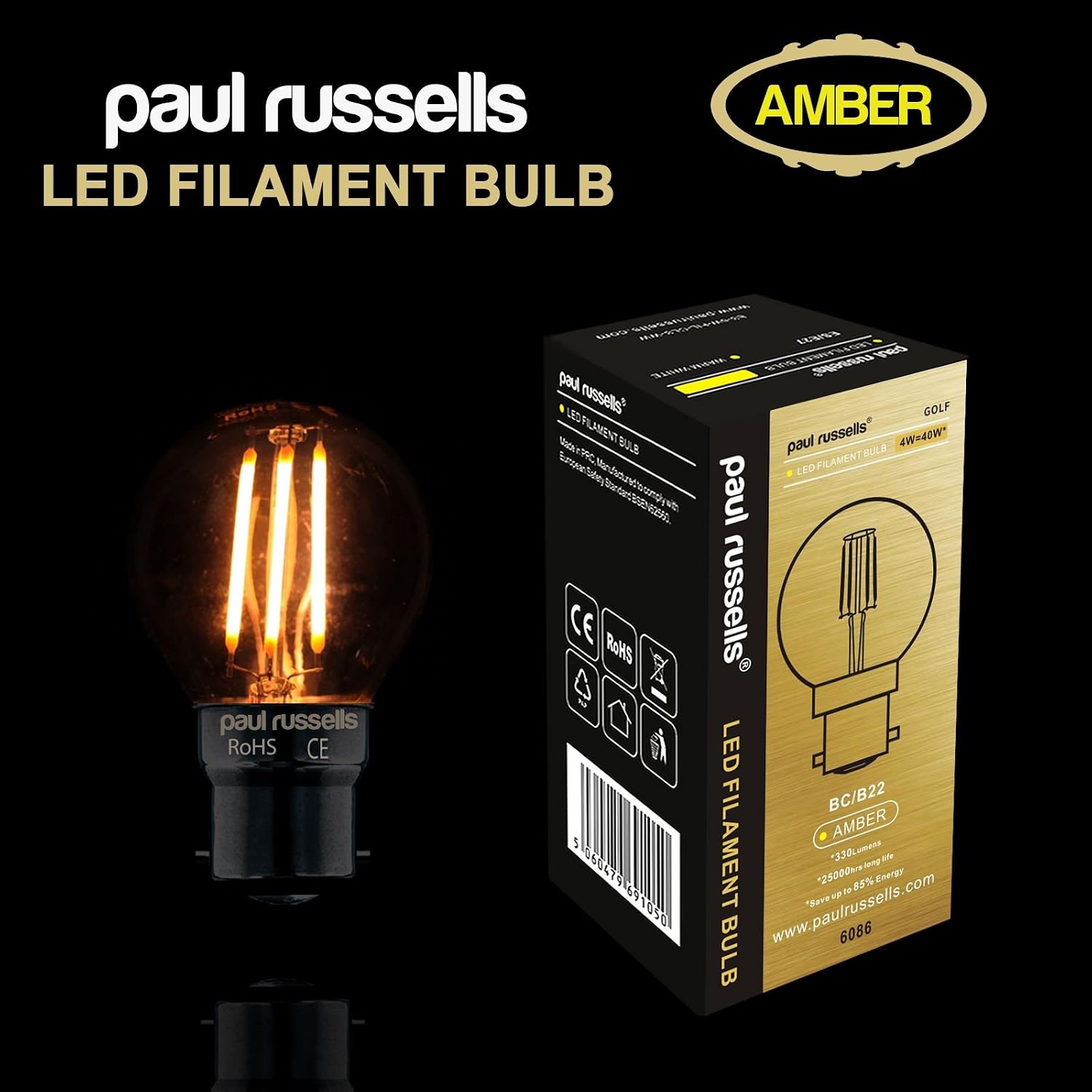 paul russells LED Filament Golf Ball Light Bayonet Cap B22, 35W Equivalent G45 Bulbs, 4.5W 400LM LED BC 2200K Amber Lamps - Image 3