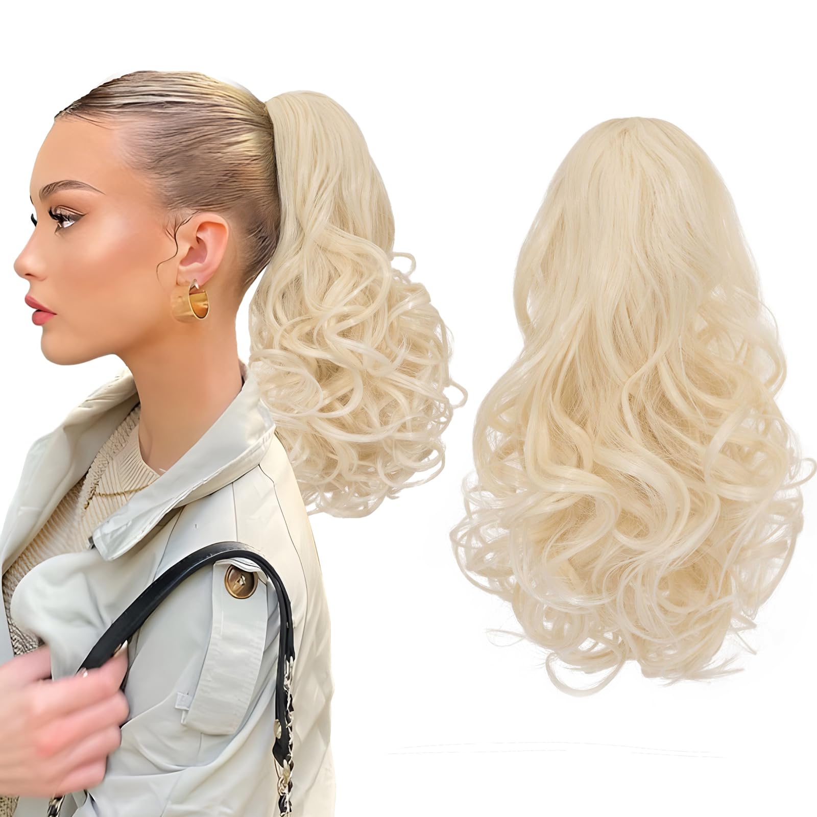 Silk-co 11" Short Curly Ponytail Extension Hair Pieces for Women Hair Extension Clip in Ponytail Hair Extensions Classic Natural Hair - Light Blonde to Bleach Blonde — image 1