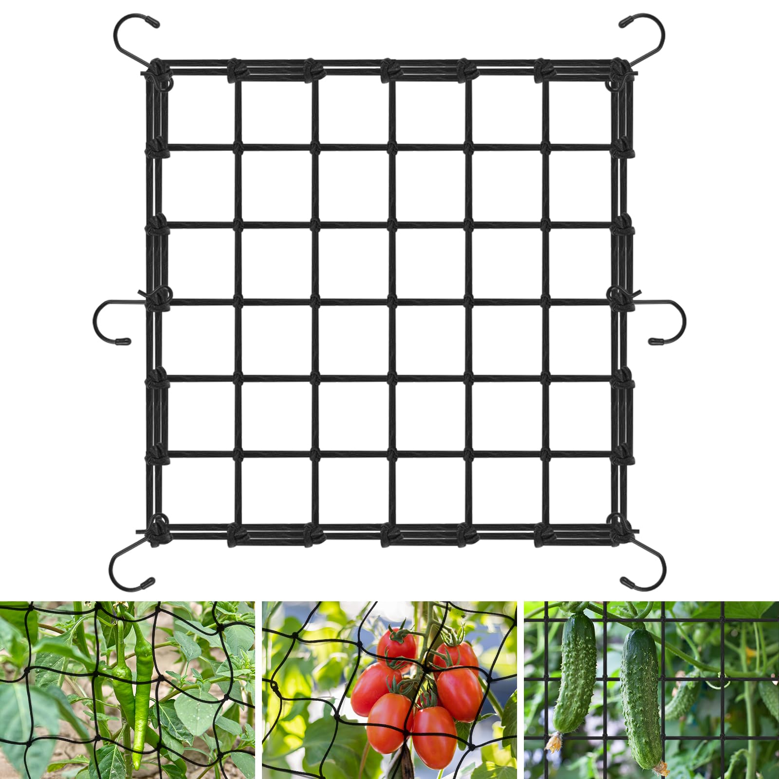 OFFCUP Elastic Trellis Net, 60 * 60cm Garden Netting Mesh with 6 Hooks, Grow Tent Net Ccucumber Trellis Pea Netting for Gardening Indoor Outdoor Plant