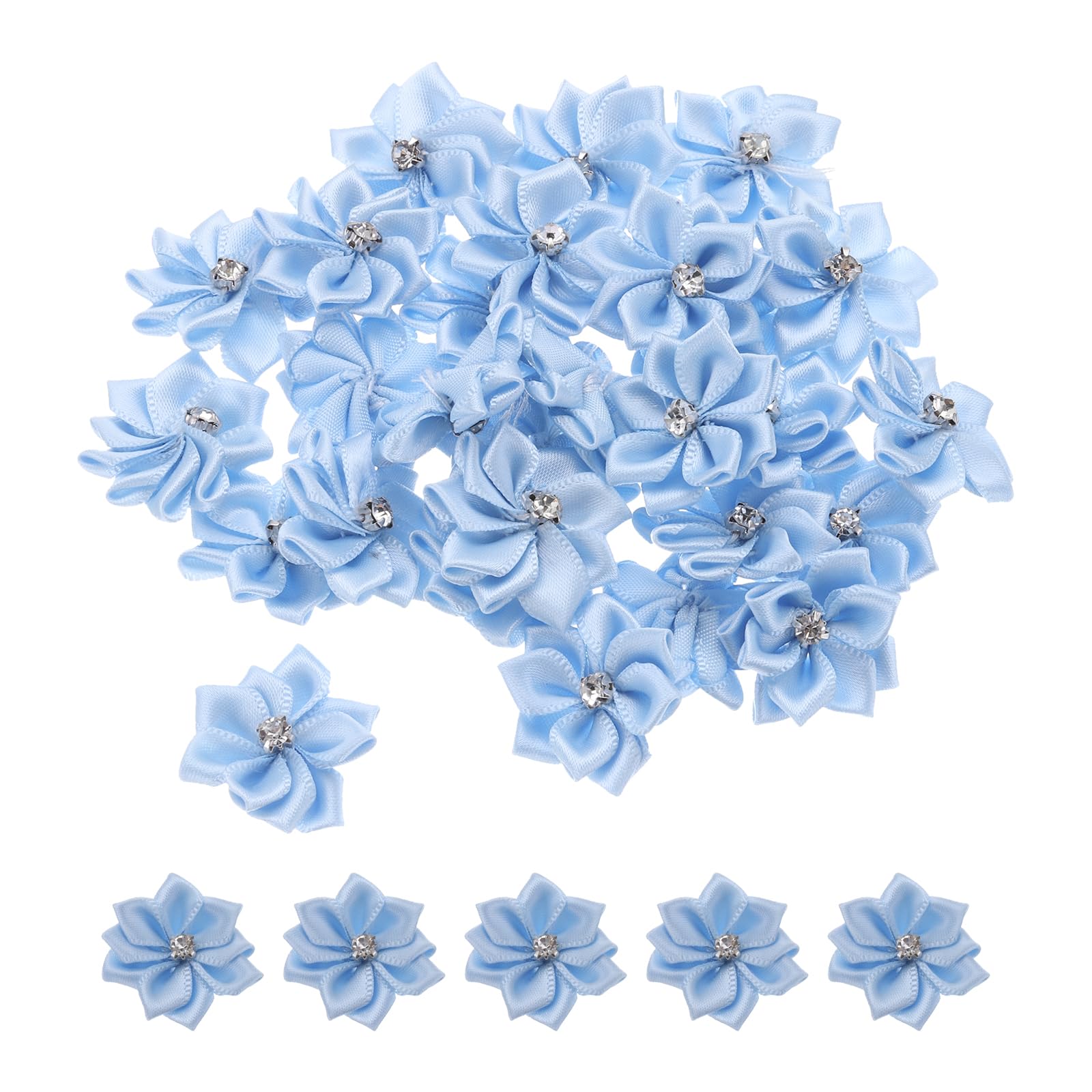 PATIKIL 1.2 Inch Small Ribbon Flowers, 100 Pcs Satin Ribbon Flowers Mini Fabric Flowers for Crafts DIY Wedding Ornament Appliques, Light Blue