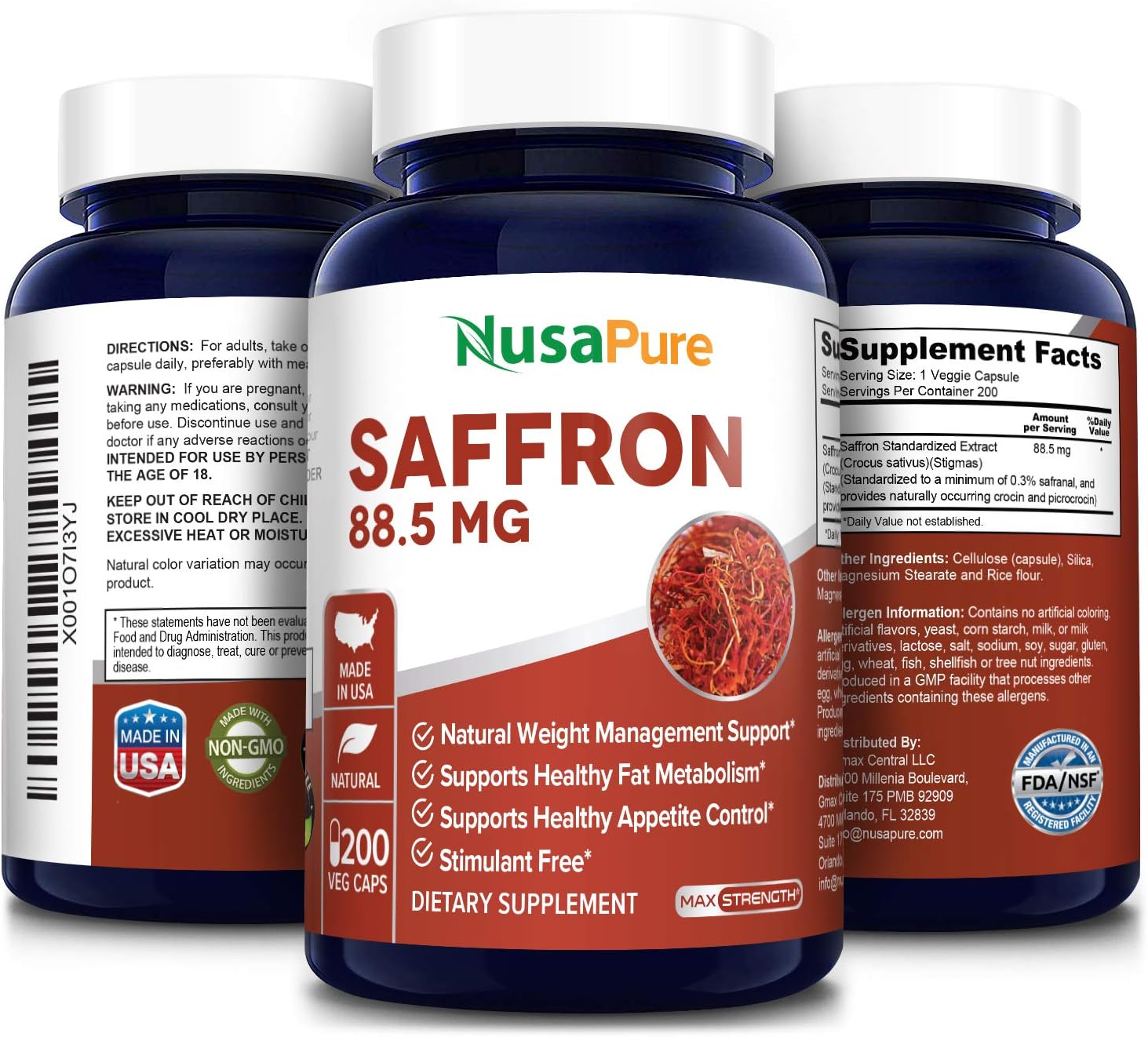 Pure Saffron Extract 88.50mg 200 Veggie Caps (Vegetarian, NonGMO