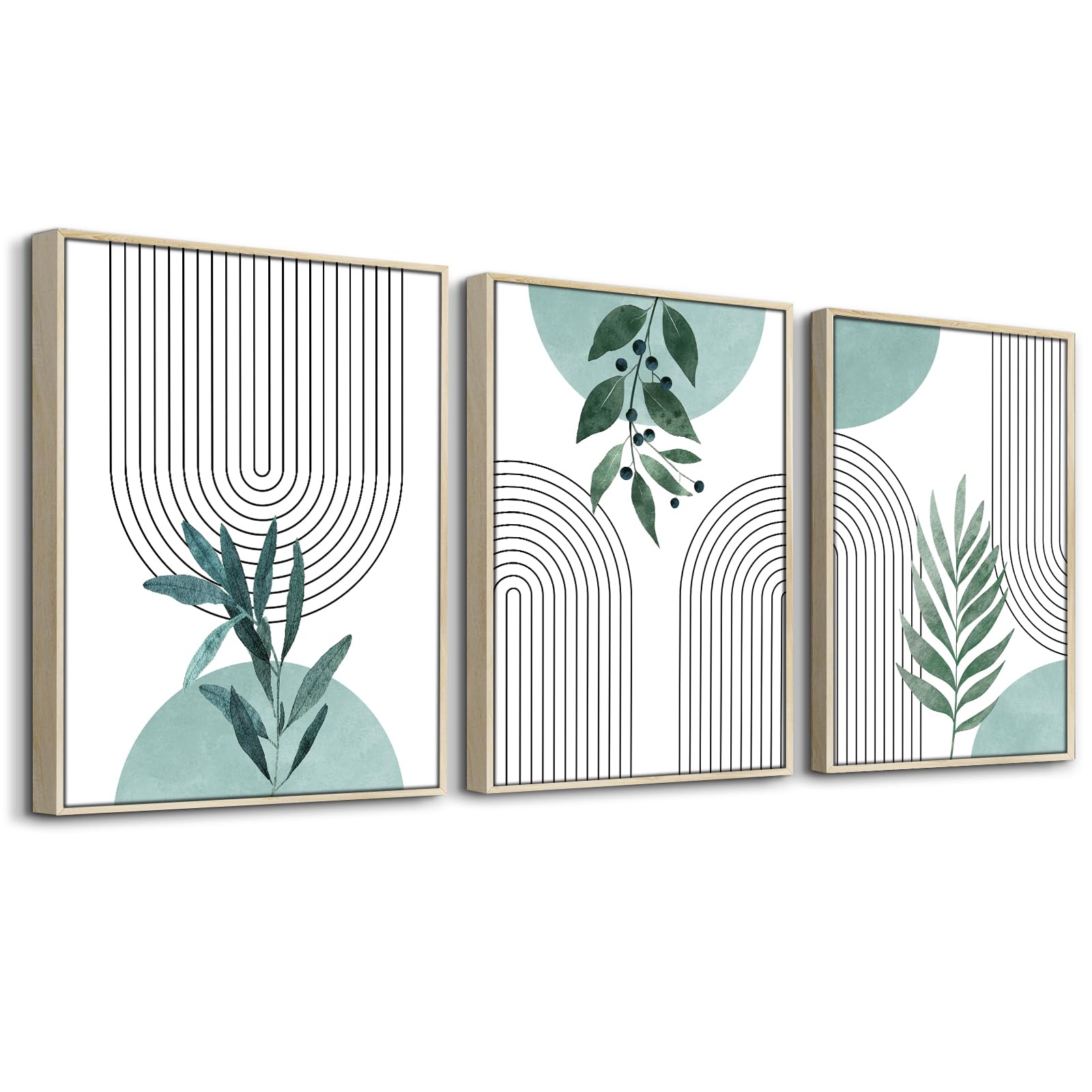 hyidecorart Wooden Framed Boho Canvas Sage Green Wall Art for Living Room, Leaves Abstract Lines Nordic Simplicity Artwork Pictures Bedroom Kitchen Dining Room Office Bathroom — image 1