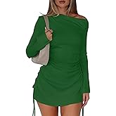 BEAGIMEG Women's Sexy Bodycon Long Sleeves Flared Sleeves One Shoulder Side Split Ruched Club Party Mini Dress