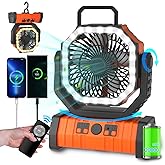 ADUST Camping Fan - 20000mAh Battery Powered Fan Battery Operated Rechargeable Portable Outdoor Tent Fans with Hanging Hook, Cordless, 4 Speeds, Remote Control - Orange