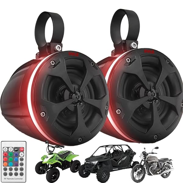 PYLE, MARINE SPEAKER SYSTEM, 800W, BLUETOOTH, WATERPROOF, RGB LIGHTS – 4″ ACTIVE & PASSIVE SPEAKERS FOR BOATS, ATVS, UTVS, INCLUDES MOUNTING ACCESSORIES, 2-CHANNEL CLASS D AMP, IP-X5 RATED