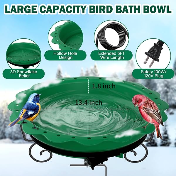 JVGOO HEATED BIRD BATH FOR DECK RAILING, POWERFUL 100W THERMOSTATICALLY CONTROLLED HEATED BIRD BATHS FOR OUTDOORS FOR WINTER, HEATED BIRDBATH WATER HEATER FOR OUTSIDE GARDEN YARD PATIO LAWN (GREEN)