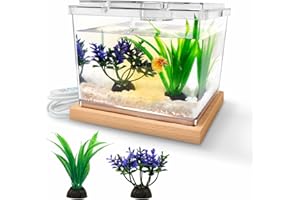 MoonOrange Mini Betta Fish Tank Kit with LED Light Base, Small Fish Bowl for Temporary Space, 0.2 Gallon Stackable Cube Tank with Artificial Plants for Small Fish, Insect, Shrimp, Crab, Spider (Kit-2)