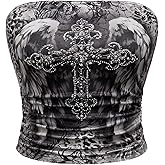 SHENHE Women's Strapless Rhinestone Cross Print Goth Punk Y2k Ruched Crop Tube Top