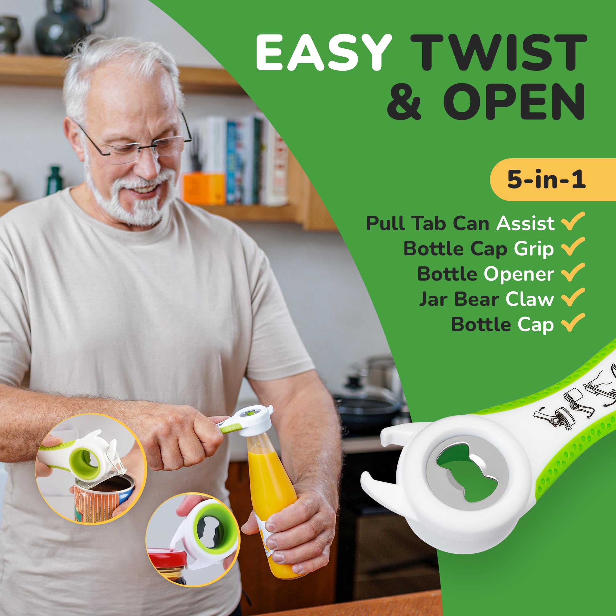 Jar Opener For Seniors With Arthritis, Easy Twist Jar Opener For Weak Hands, Multi-Function Bottle Opener For Arthritic Hands With Rubber Jar Opener Gripper Pad (Pea Green)
