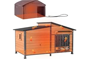 GUTINNEEN Extra Large 60" Heated Dog House Outdoor Dog Kennel with Safe Heated Pad, Chew-Proof Metal Frame and Rotating Food Bowl for Large Dog Breeds, 60" L x 36" W x35.4 H (Brown)