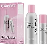 Eva NYC Kweeen Silver Hair and Body Glitter Spray Set - Original Ultra Shimmery Glitter, New Look - Adds Shine + Non-Sticky - Quick Drying Spray - Warm Vanilla Scent - Full Size + Travel Size Gift Set
