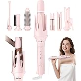 7 in 1 Automatic Curling Iron Interchangeable Barrels -0.5",1", 1.25", 1.5" Curling Wand, Hair Crimper & Straightening Brush,& Rotating Curler, 300M Negative Ions & Dual Voltage, Home & Travel