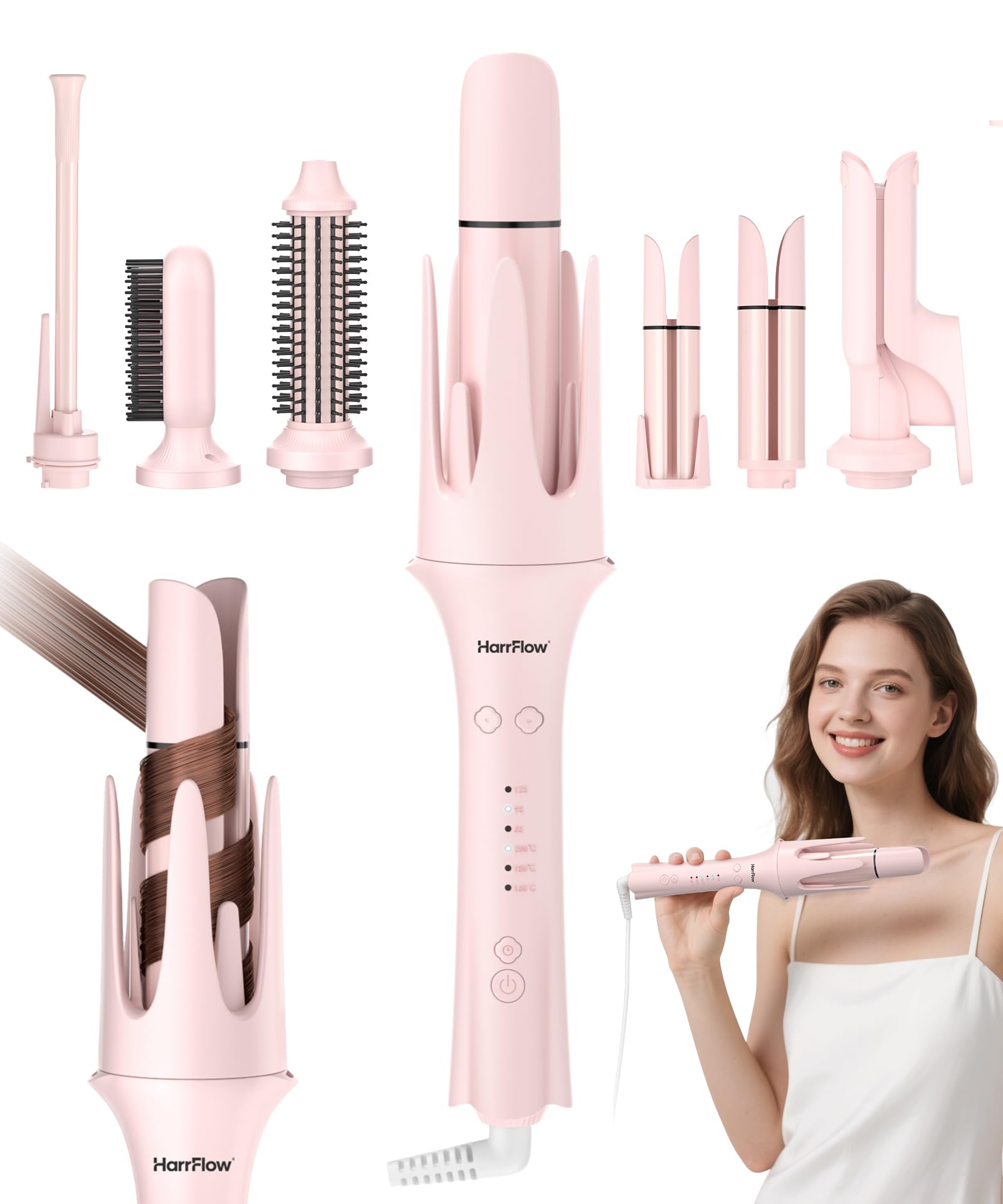 Photo 1 of 7 in 1 Automatic Curling Iron Interchangeable Barrels -0.5",1", 1.25", 1.5" Curling Wand, Hair Crimper & Straightening Brush,& Rotating Curler, 300M Negative Ions & Dual Voltage, Home & Travel
