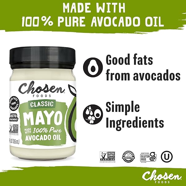 CHOSEN FOODS 100% AVOCADO OIL-BASED CLASSIC MAYONNAISE, GLUTEN & DAIRY FREE, LOW-CARB, KETO DIET FRIENDLY, MAYO FOR SANDWICHES, DRESSINGS AND SAUCES, MADE WITH CAGE FREE EGGS (12 FL OZ)
