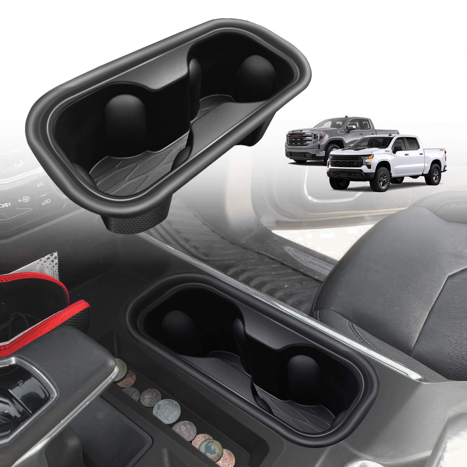 Photo 1 of Muslogy Center Console Cup Holder Inserts Compatible with 2022-2024 2025 Chevy Silverado & GMC Sierra Accessories Middle Console Drink Holder TPE Organizer Non-Slip Drink Stopper(Bucket Seat Only)