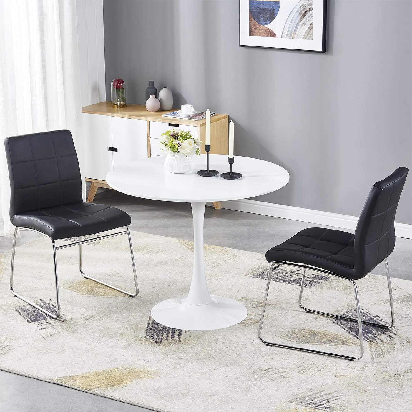 GIZZA 90 Diameter Round Dining Wooden Top Metal White Table and 2 Black Dining Chairs Sled Base Small Living Room Set