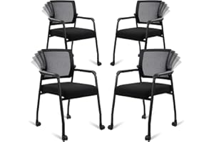 KLASIKA Waiting Room Chairs with Wheels, Adjustable Mesh Backrest, Desk Chair with Ergonomic Lumbar Support and Thickened Seats Cushion, 4 Pack Black