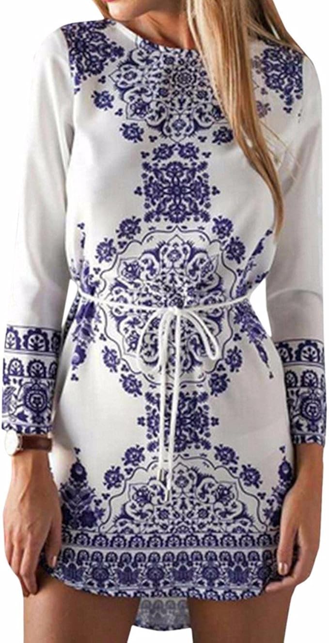 Print Blue Flower Long Sleeve Round Neck Cotton Dress Women Casual
