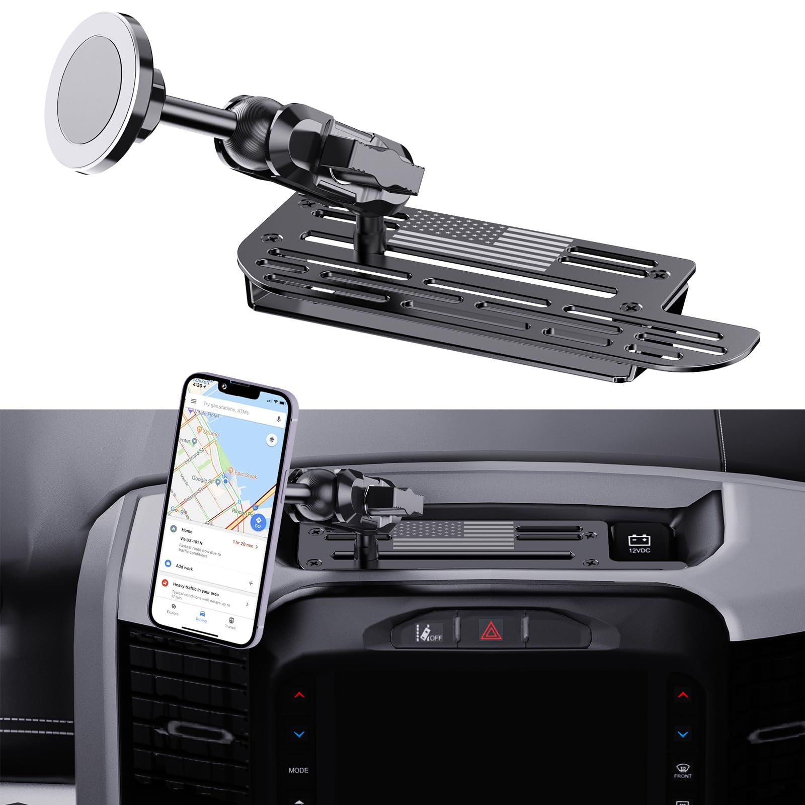 Photo 1 of SwiftGaze Stainless Steel Phone Mount for 2019+ Ram 1500/2500/3500/TRX, Magnetic & Clamp Dual Heads, All-Metal Shakeproof Unique America Flag Design OEM Screw Hole Dash Mount Install Super Stable