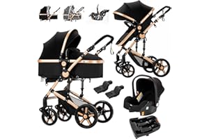 REENBORN 3 in 1 Baby Travel System, Reversible Baby Stroller, Pushchair Luxury Baby High Landscape Pram, Portable Standard Pram Buggy, Foldable Baby Carriage for Newborn Toddler (UD588-BLACKGOLD with Base)