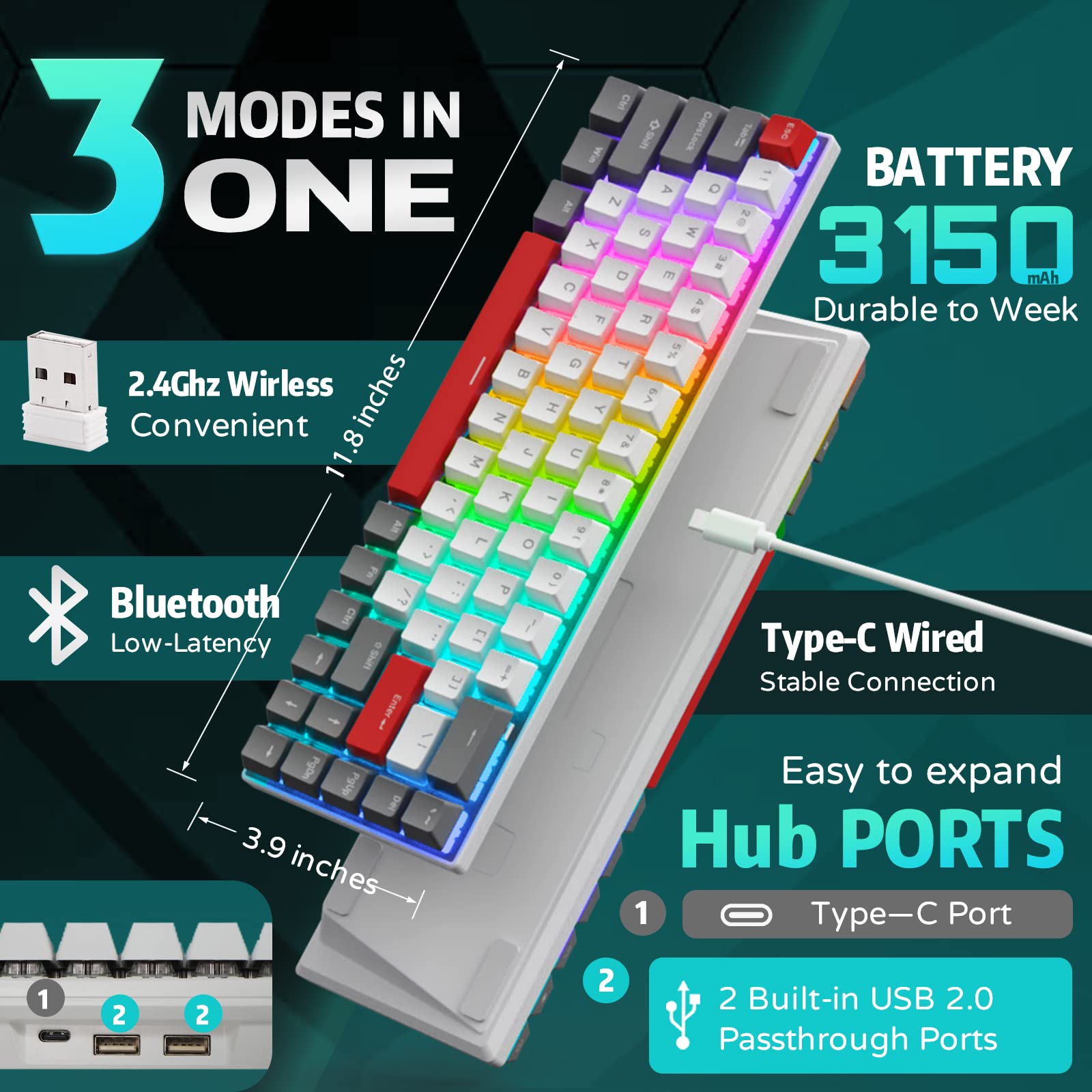 RK ROYAL KLUDGE RK G68 65% Wireless Mechanical Keyboard, Bluetooth5.1/2.4G/Wired Hot Swappable Mechanical Keyboard with 3 USB Ports, 68 Keys RGB Red Switch for Mac Windows, Classical Red