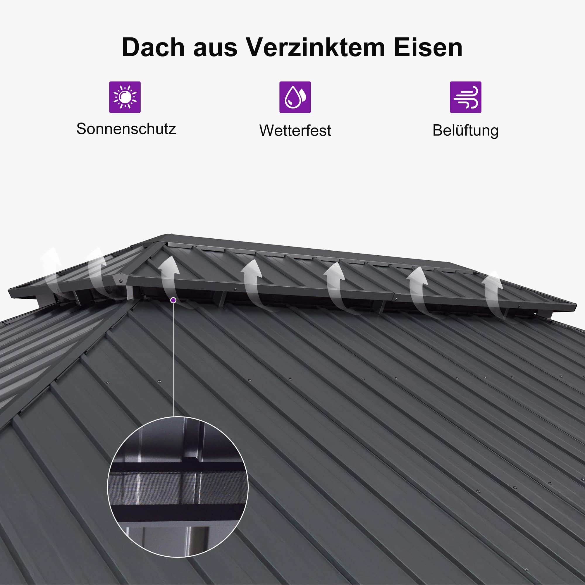 PURPLE LEAF Gartenpavillon 3.65 x 6 m Festem Dach, Basisch Pavillon Wasserdicht Stabil Winterfest Alu Pavillon mit Seitenwänden Hardtop Gartenpavillon mit Stahldach, Grau 9