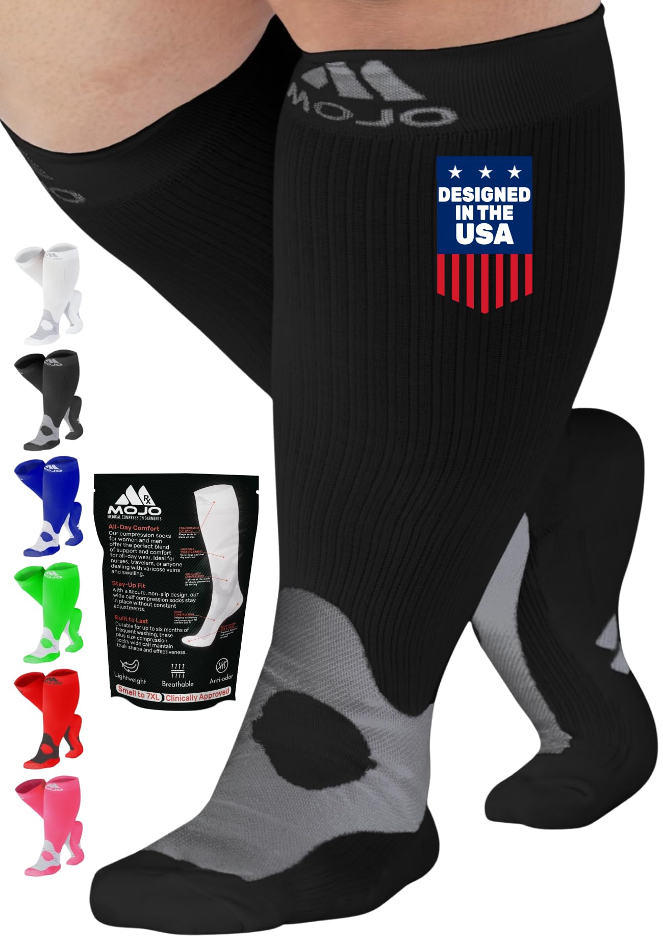 Photo 1 of Compression Socks for Women and Men 20-30mmHg Wide Calf - Plus Size Medical Knee High Support Stockings for Edema, Swelling, Bariatric Surgery Recovery - Black, 6X-Large - A601