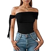 DIKGROP Off The Shoulder Tops for Women Tie Shoulder Ruched Going Out Slim Fit Sexy Solid Y2K Summer Tops