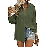 HOTOUCH Womens Button Down Shirts Linen Cotton Long Sleeve Blouses Casual Collared Loose Fit Gauze Tops with Pocket