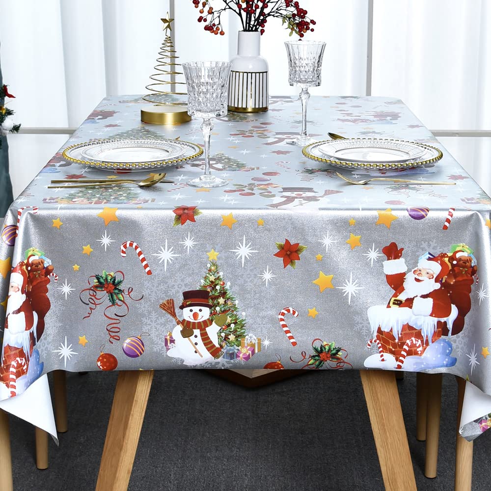 Plenmor Christmas Table Cloth Wipe Clean Christmas Tablecloth Xmas Sliver PVC Plastic Wipeable Waterproof Square Table Cover Decoration for Festive New Year Kitchen Picnic (137 x 137 cm)