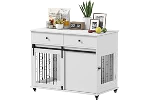 PawHut Dog Crate Furniture, 39" Dog Kennel Indoor with 2 Storage Drawers, Wheels, 2 Doors, Decorative End Side Table Pet Hous