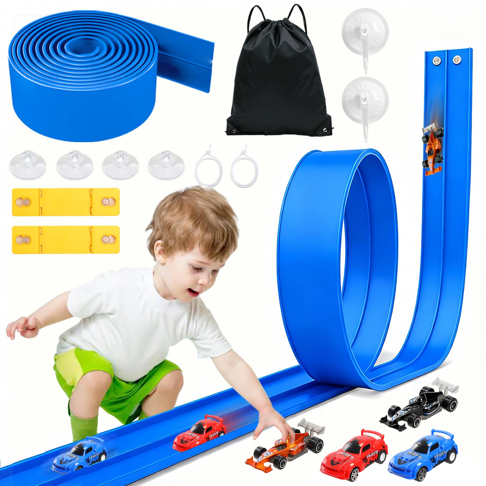 Photo 1 of 20 Ft Flexible Race Track Toys, Flex Race Car Ramp Track with 4 Race Cars & Suction Cups Rolls Up Portable DIY Race Track Anti Gravity Car Track Set,Kids Racecar Track Toy(Blue)