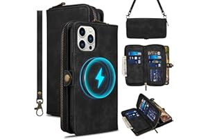 Rssviss Wallet Case for iPhone 13 Pro Case Crossbody with Card Holder Wrist Strap, Flip Zipper Case Compatible with Magsafe, RFID Blocking Purse Cover for iPhone 13 Pro Women Men 6.1 inch Black
