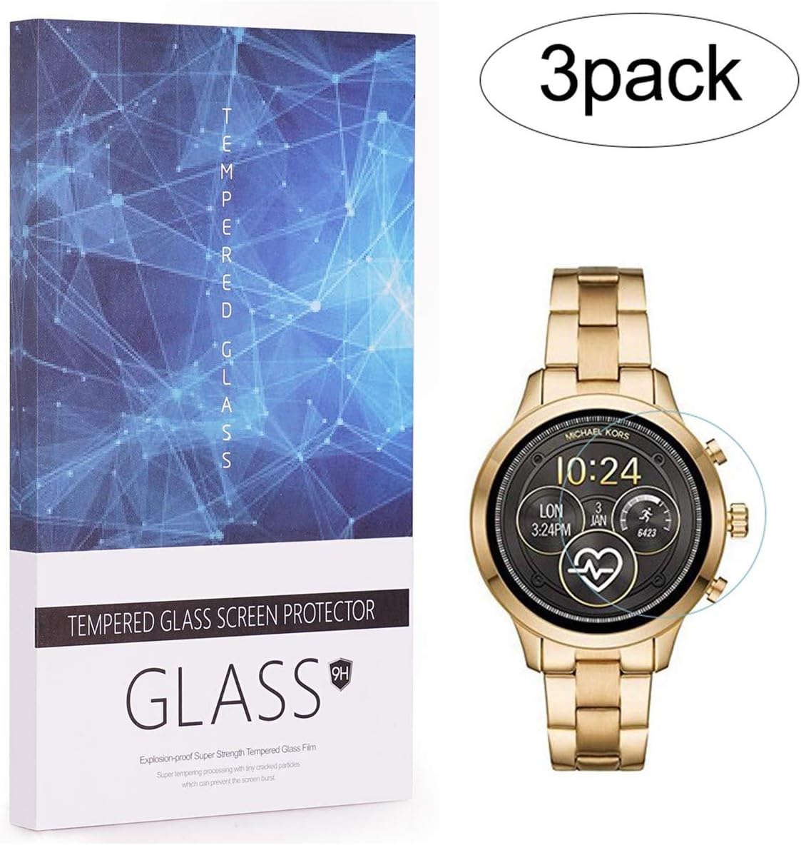 BECROWMEU [3 PACK Michael Kors Access Runway 2018 Watch Tempered Glass Screen Protector Full Coverage 9H Hardness Anti-Scratch High Definition film Gift Box Clear