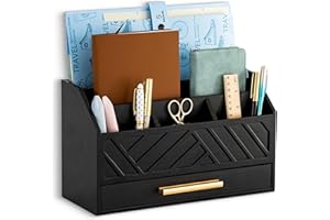 dreampossible Black Wood Desk Organizer and Accessories with Drawer, Bill Mail Organizer and File Mail Holder for Office Supplies, Modern Desk Accessories & Workspace Organizers for Desk Organization