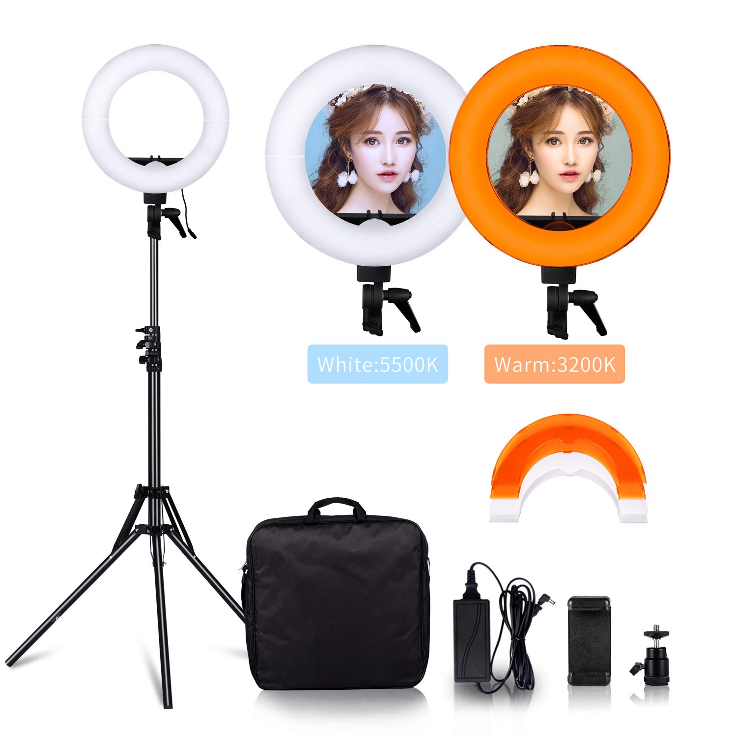 LED Ring Light, 14" Outer Diameter / 12 inch Inner Diameter with Tripod, 45W 5500K / 3200K Adjustable Continuous Lighting, Camera, Smartphone, YouTube Video, Portrait Lighting, Makeup