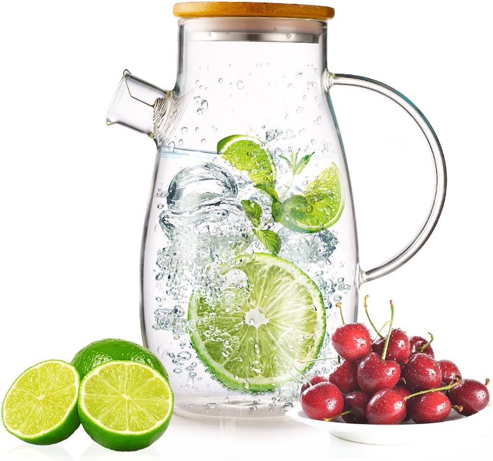 Glass Pitcher 1800ml/63oz- Carafe with Bamboo Lid, Glass Water Jug for Juice, Iced Tea, Milk, Coffee, Latte, Fruit Infusions, Hot/Cold Water Beverage