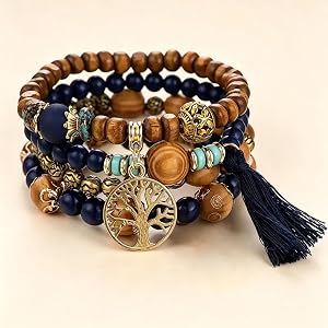 4Pcs/Set Bohemian Multilayer Wood Beaded Bracelet Set, Vintage Elastic Tassel Bracelets with Turquoise Inlay, Handmade Boho J
